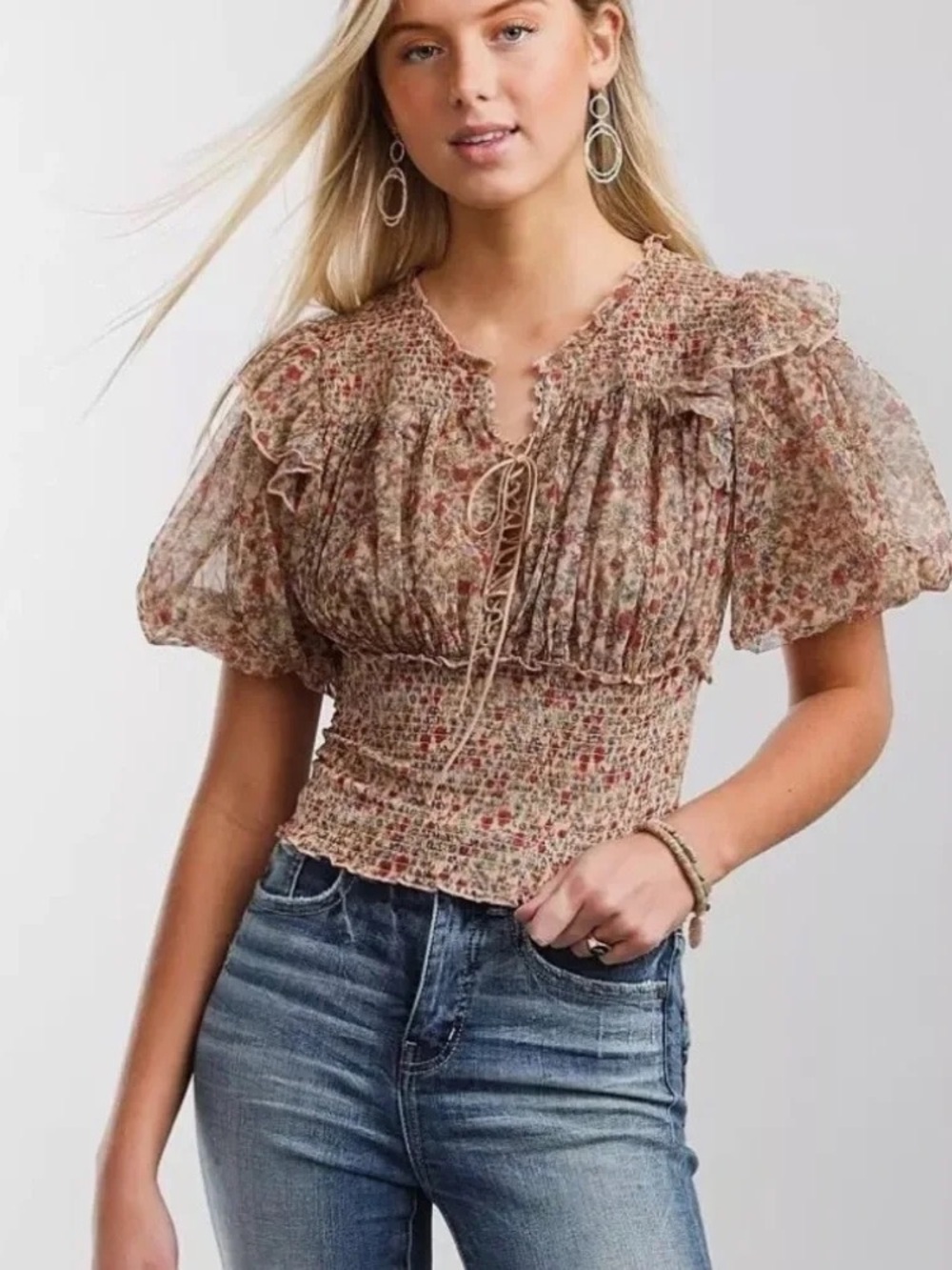 Free People Beatrice Beige Floral Smocked Tie-Front Blouse